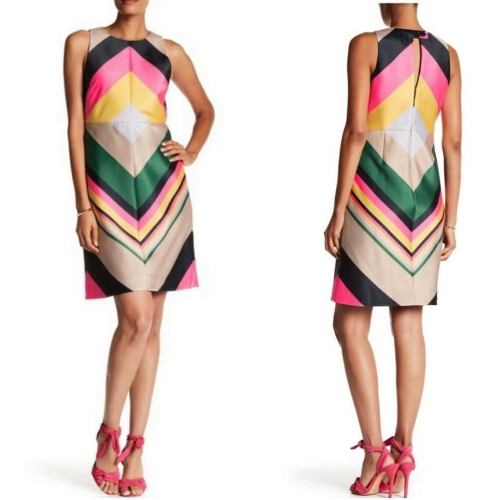 J. Crew Chevron-Stripe Mini Dress in Pink, Yellow, Green, Black & Cream